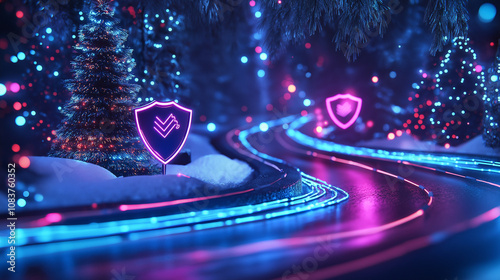 Cybersecurity-Themed Christmas Landscape with Neon Elements