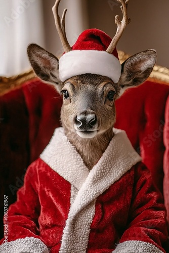 Adorable Deer in Santa s Robe Festive Christmas Animal Portrait photo