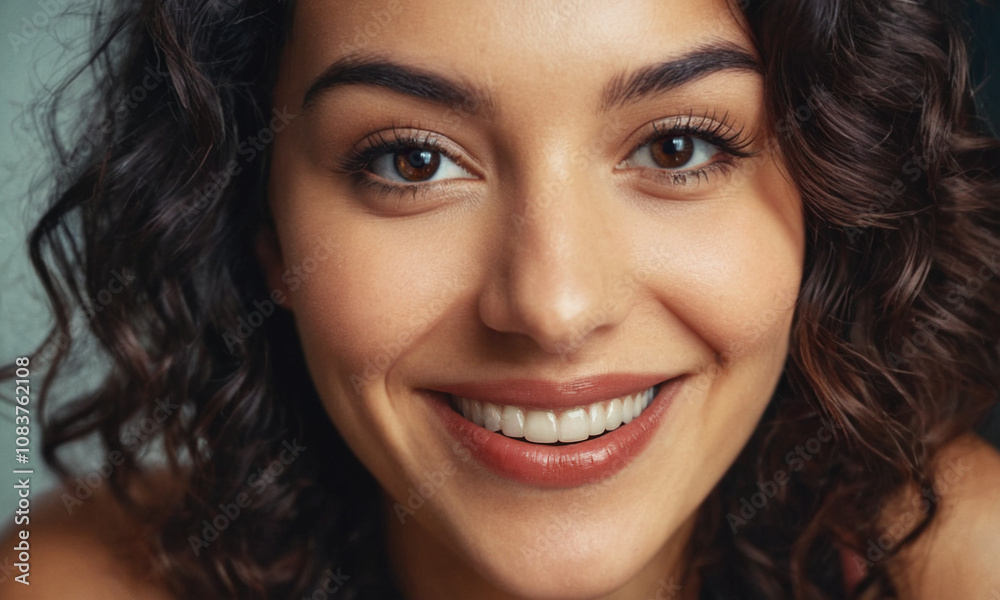 Obraz premium woman with brunette curly hair portrait face closeup is smiling, womans smile, 30s