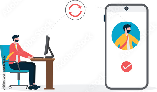 illustration of mobile phone and face recognition authentication.

