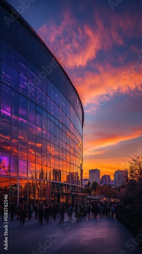  Evening shot of Golden 1 Center in Sacramento, with fans gathering outside for an event at the state-of-the-art sports and entertainment venue. photo