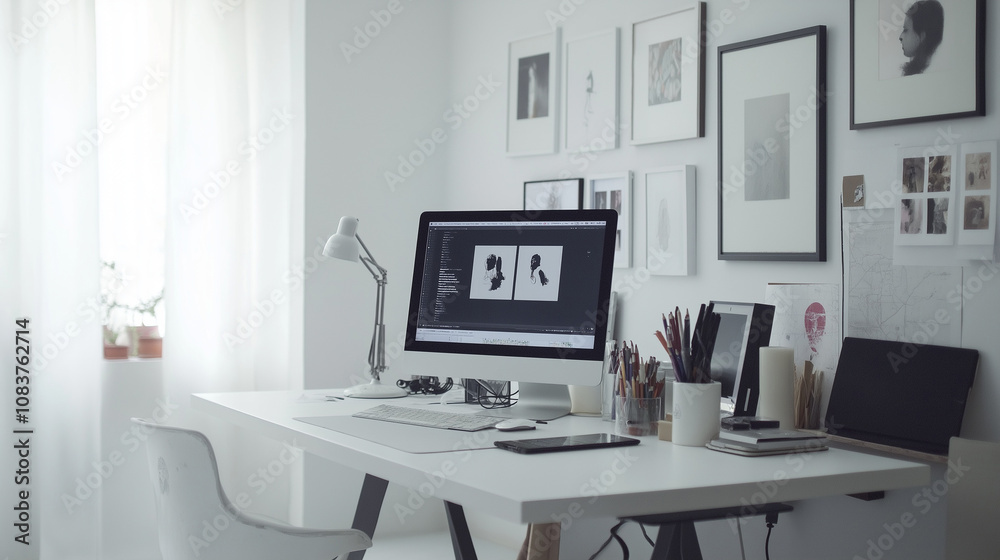 Fototapeta premium Graphic designer workplace with computer monitor in office