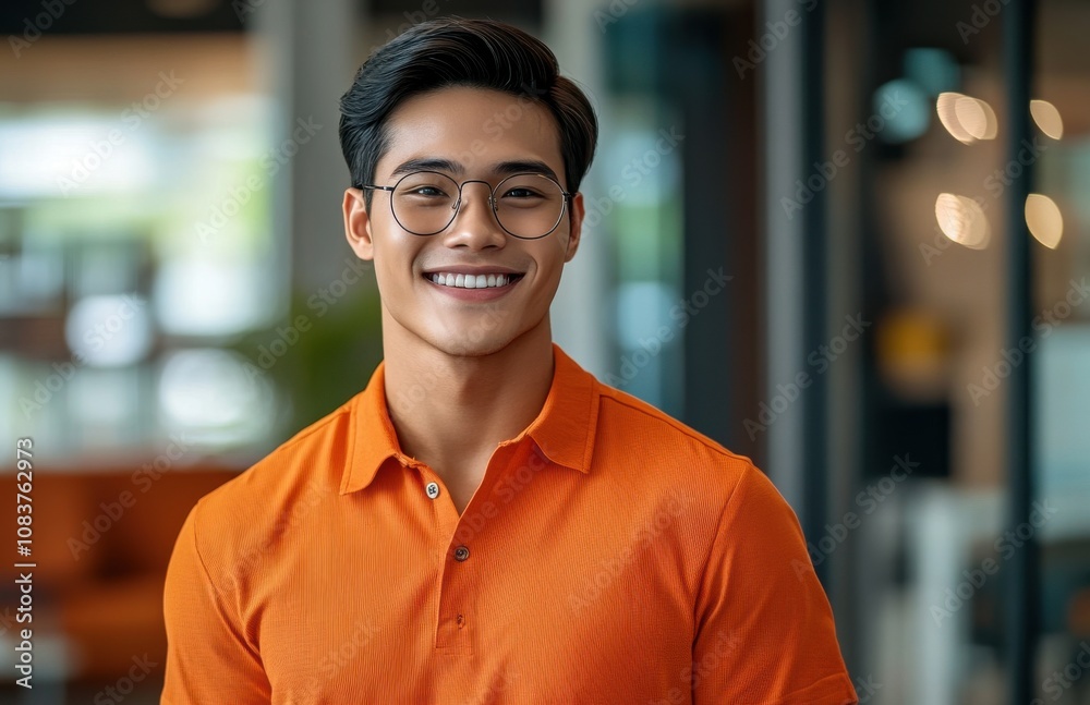 Obraz premium handsome young Asian man wearing an orange shirt and glasses smiles while standing in the office