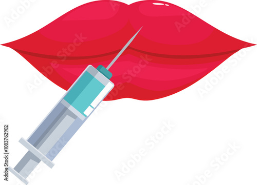 Medical syringe injecting filler into plump red lips, enhancing beauty through cosmetic procedures