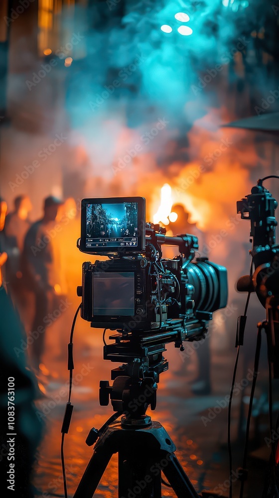 Fototapeta premium Film production scene with cameras capturing action in a smoky, vibrant setting, emphasizing the art and energy of filmmaking.