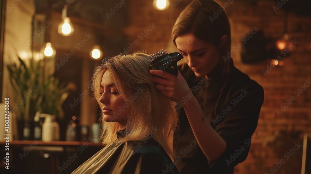 Fototapeta premium Beautifully styled wavy shiny curls. Hair coloring. Hairdressing procedures, extension.