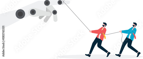 A tug-of-war between a group of white-collar workers and robots.
