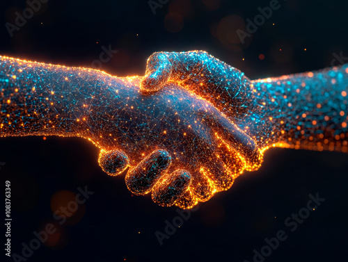 Handshake in digital futuristic style. The concept of partnership