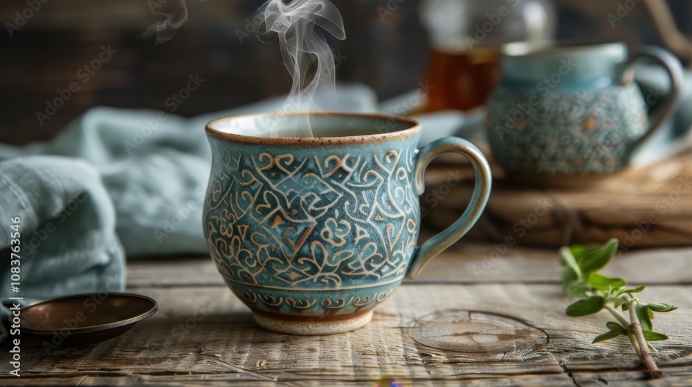 Fototapeta premium Decorative Blue Mug with Steam Rising, Surrounded by Herbal Ingredients on Rustic Wooden Table, Inviting and Cozy Coffee or Tea Scene for Relaxation and Enjoyment