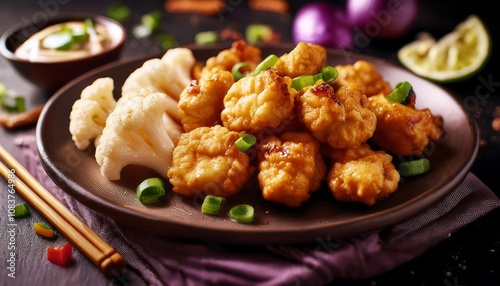 Delicious tuns Yakitori chicken nuggets with cauliflower and sweet onions photo