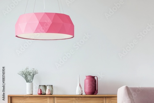 Stylish pink ceiling lamp over wooden sideboard in contemporary living room with white wall and space for a sofa.