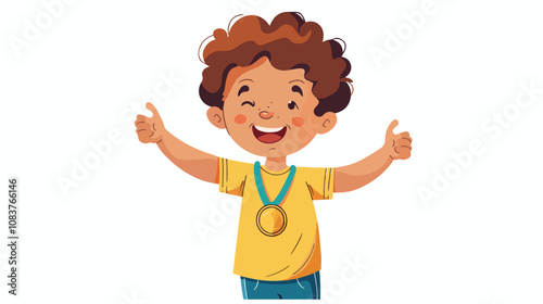 Young Boy Celebrating Victory with Gold Medal Vector Illustration