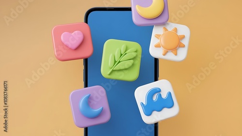 3D Smartphone Render with Floating Social Media Icons, Modern 3D Smartphone Mockup with Social Media Symbols and Notifications
