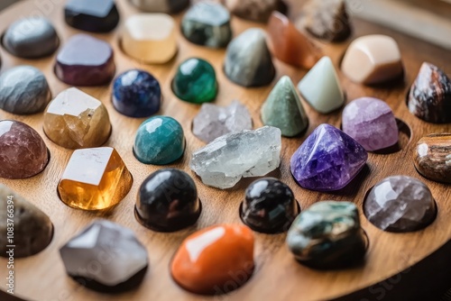 Crystal grid work arranging stones to amplify healing energy for specific intentions photo