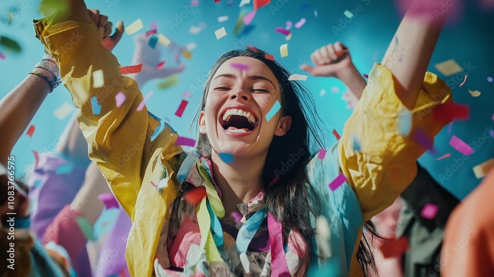 Obraz premium woman leads the festive, colorful confetti down in an office