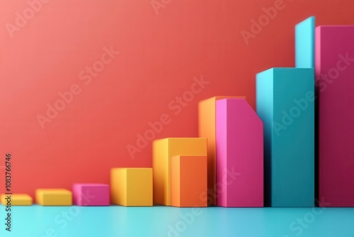 A vibrant 3D bar chart showcasing colorful bars ascending, set against a striking red and blue background, symbolizing growth and data analysis.