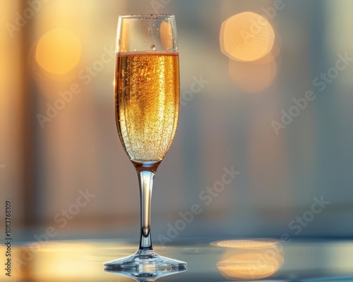 A lone, elegant champagne flute filled with sparkling wine, placed on a reflective glass table photo