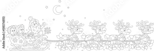 Santa Claus with happy little children and a bag of gifts riding in a magic sleigh with a team of flying reindeers, black and white outline vector cartoon illustration for a coloring book