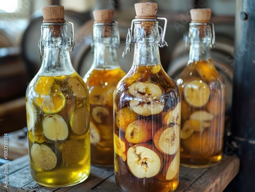 Traditional vinegar brewing, fermenting fruits or grains to produce tangy, artisanal vinegars photo