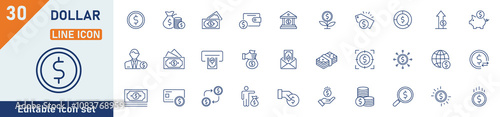 Dollar line icon set. Set of 30 outline icons related to money, dollar, wallet, payment, earnings, bank, currency, fund, business, income and others. Editable stroke. Vector illustration.