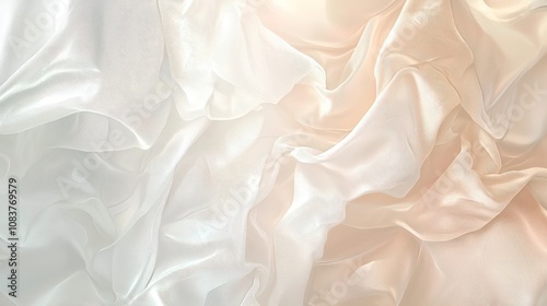 Textured abstract background of silk fabric in soft white, beige, and pearl hues.