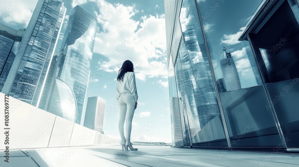 Fototapeta premium Beautiful woman in white outfit stands on a rooftop terrace overlooking modern skyscrapers under a bright blue sky with scattered clouds in a vibrant urban setting