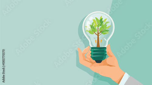 Innovative concept of hand holding light bulb with tree outdoors