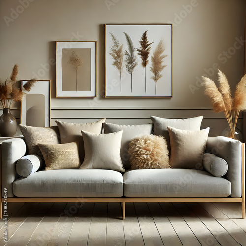 Neutral-Toned Cushions on Sleek Sofa photo