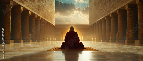 High-Tech Egyptian Palace with Pharaoh and Futuristic Relics

