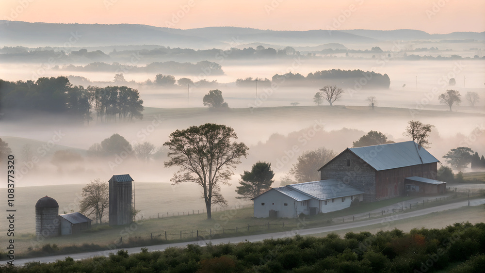 Fototapeta premium Foggy Morning on a Farm