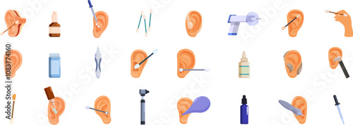 Ear canal cleaning icons set. Exploring various ear cleaning tools and methods for maintaining ear hygiene, including cotton swabs, ear drops, and specialized instruments