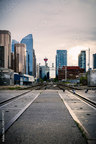 Calgray tower in the background with leading lines to it from railway