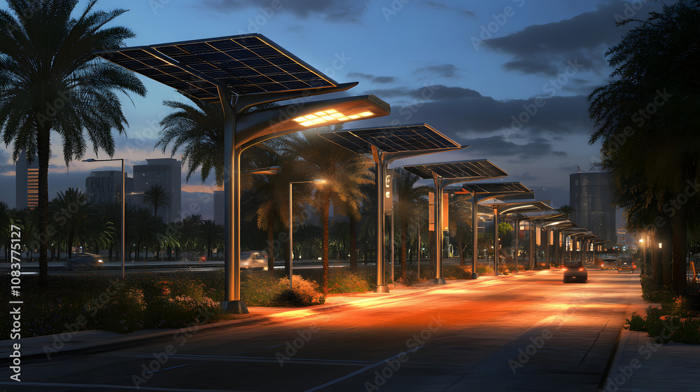 Naklejka premium A solar-powered public lighting system that uses solar panels to power street lights, reducing energy consumption and promoting sustainable urban development.
