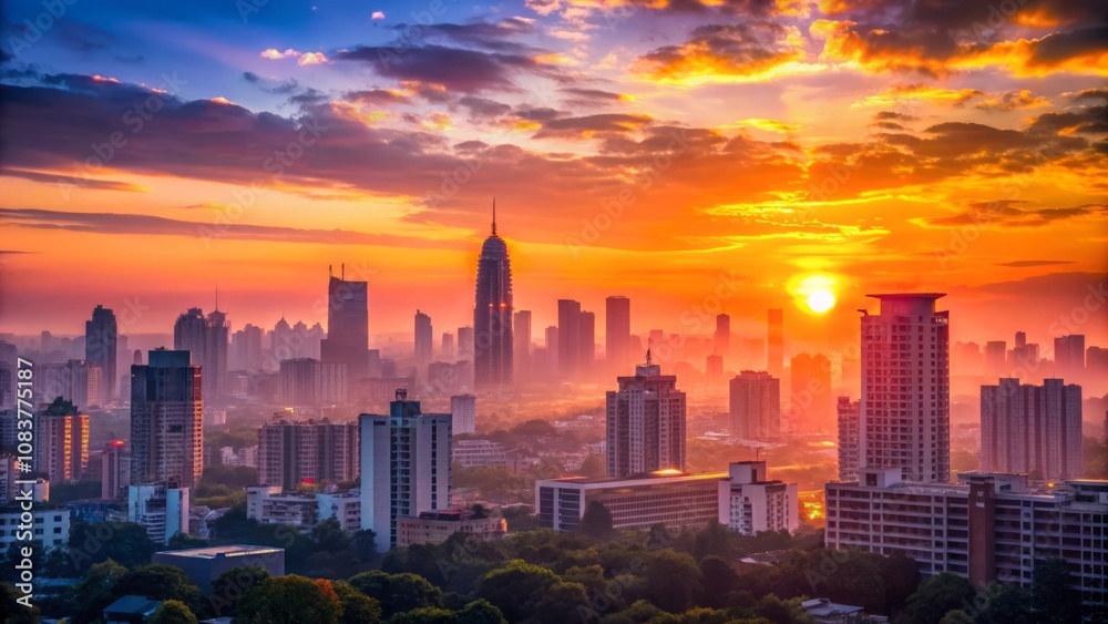 Fototapeta premium Beautiful sunset with dramatic sky over a bustling cityscape, skyscrapers silhouetted against colorful sky, urban twilight