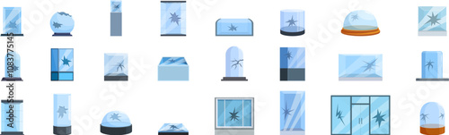 Broken glass showcase icons set. Different types of broken glass surfaces, from windows and display cases to decorative objects, illustrating various crack patterns