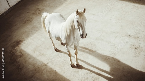 Majestätisches weißes Pferd, das anmutig im sonnenbeschienenen Stall steht photo