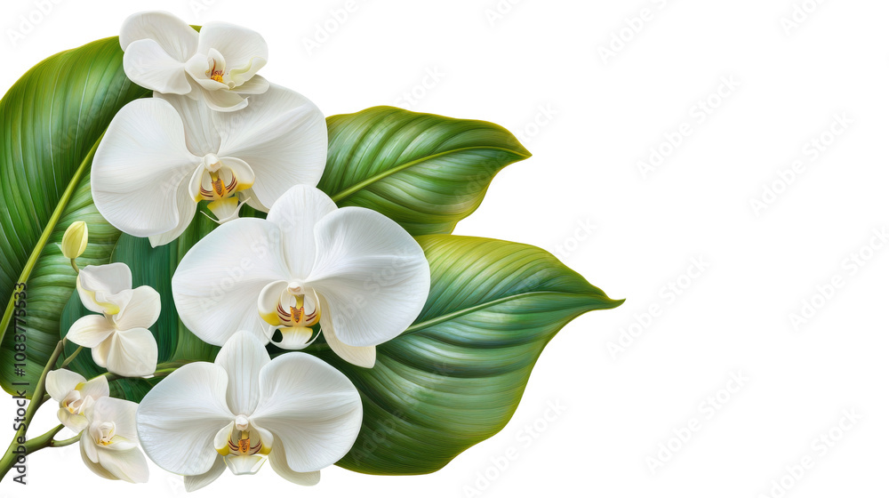 Naklejka premium Vibrant white orchids with lush green leaves in a serene setting.