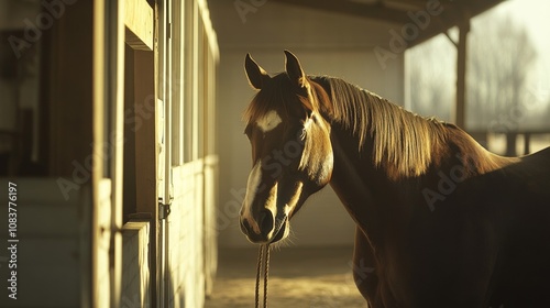 Elegantes Pferd steht in einer Scheune, genießt warmes Sonnenlicht mit einem ruhigen und gelassenen Ausdruck photo