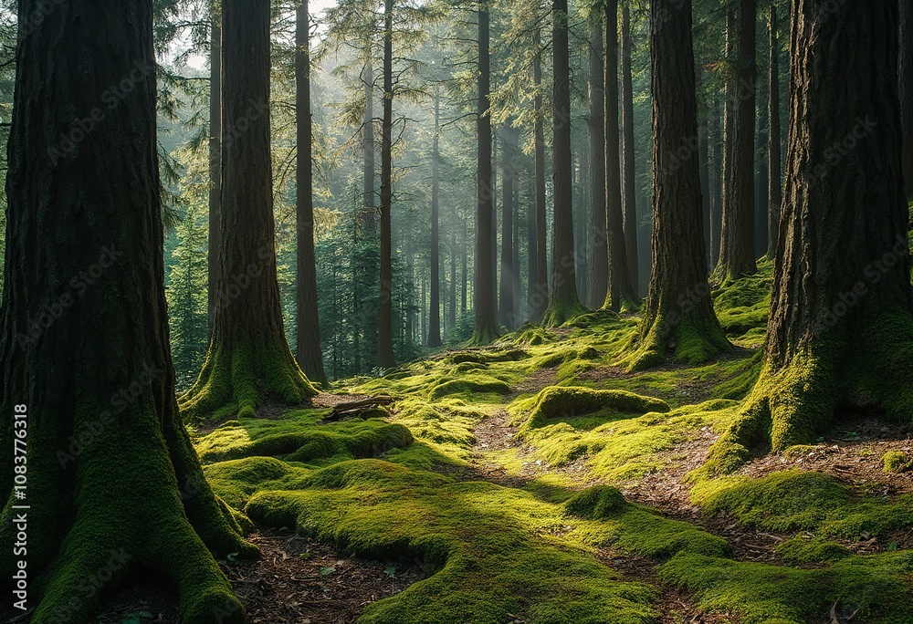 Obraz premium A dense forest of tall pine trees with trunks covered in moss, creating a serene and natural environment