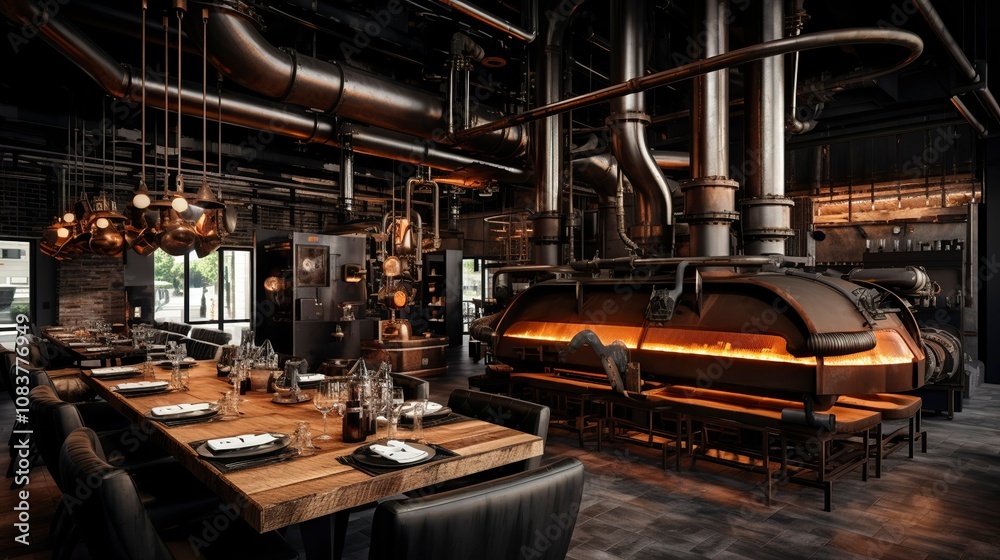 Fototapeta premium Industrial-themed restaurant interior with warm lighting, exposed pipes, and modern furniture.