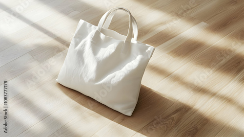 A soft and slouchy white canvas tote bag is placed on a wooden floor with warm natural lighting. The casual positioning and fabric folds give the tote a relaxed, everyday feel.

 photo