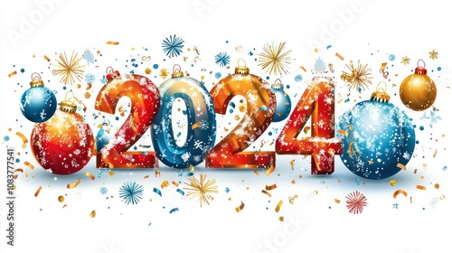 Vector typography for Happy New Year 2024 with celebration elements on a white background