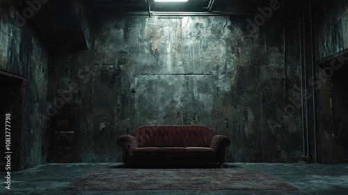 Velvet sofa in dimly lit loft with concrete walls and artificial fireplace.