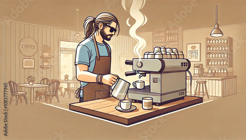 a man steaming milk in a cozy café setting background