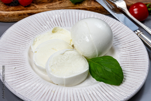 Tasty italian food, fresh white buffalo mozzarella soft cheese balls from Campania close up