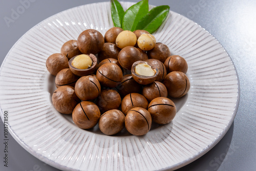 Australian Queensland macadamia nuts, or bush, maroochi, bauple nut, with sawn nutshell, fresh harvest photo