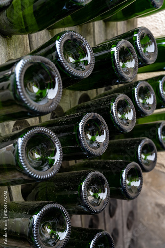 Visit of old champagne grower and producent in grand cru small village Ambonnay, Champagne, France. Empty champagne bottles on pupitre riddling racks photo