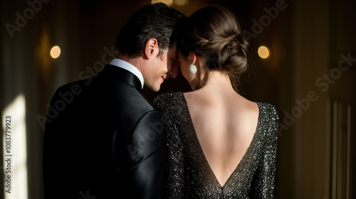Elegant couple sharing a romantic moment at a lavish gala, bathed in golden light, showcasing a stunning evening attire and graceful profile