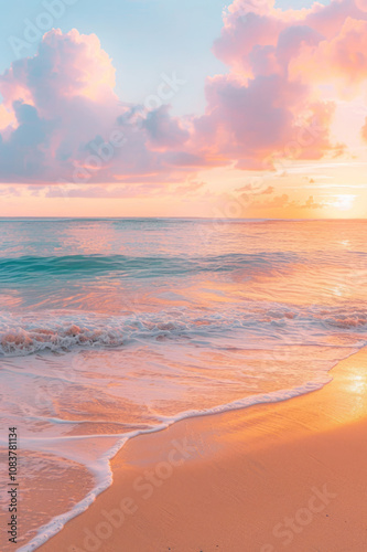 A beautiful sunset on the beach features pastel pink and orange hues, calm sea water, and white clouds in the sky.