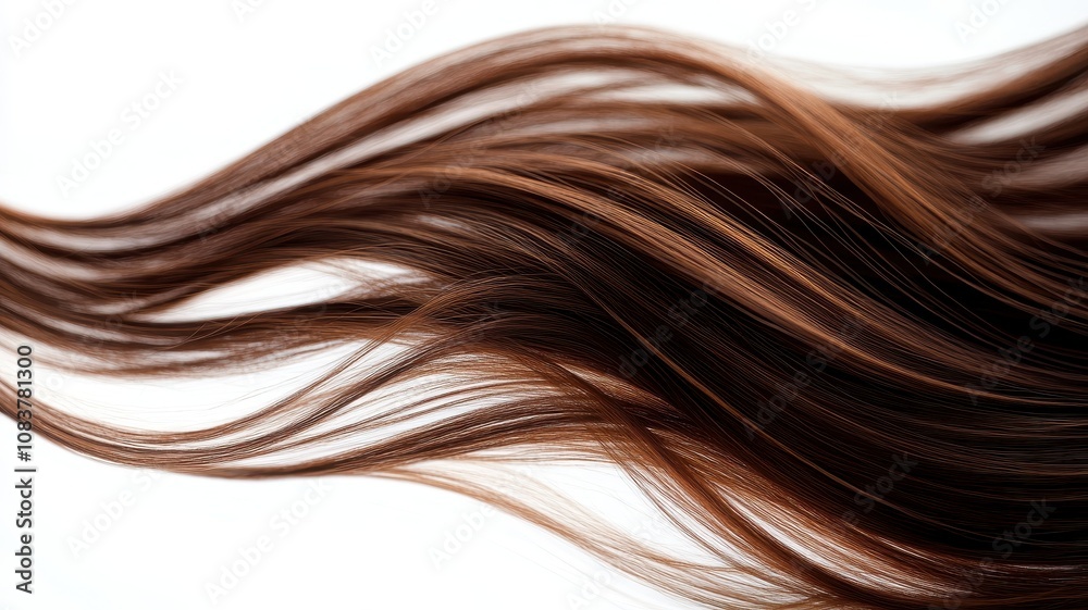 Naklejka premium Beautiful model girl with Brown hair strand,silky healthy chestnut wavy hair strand,hair wavy ribbon, with smooth,Keratin straightening,Treatment,straight long hair,procedures,Smooth hairstyle.